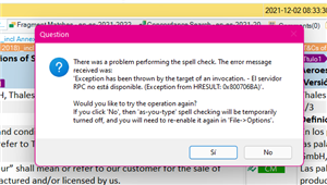 Error message popup in Trados Studio reading 'There was a problem performing the spell check. The error message received was: Exception has been thrown by the target of an invocation. Do you want to try the operation again?' with 'Si' and 'No' options.
