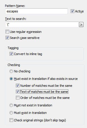 Trados Studio pattern settings window showing 'escapes' pattern with 'Active' checked. Options for 'Text to search', 'Use regular expression', 'Search case sensitive', and 'Checking' settings are displayed.