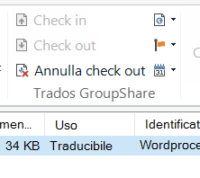 SDL Trados Studio toolbar with options 'Check in', 'Check out', and 'Annulla check out' for Trados GroupShare. The 'Annulla check out' option is highlighted.