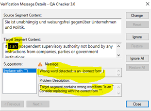 Trados Studio QA Checker 3.0 error message window showing a false positive for the phrase 'is an' in the target segment content.