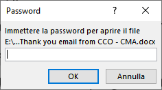 Password prompt for opening a password-protected MS Word document with the filename 'Thank you email from CCO - CMA.docx'.