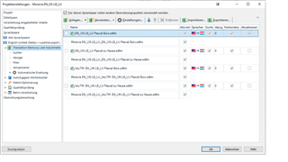 Trados Studio screenshot displaying 4 TMs under language pair EN-US > LB-LU in project settings.