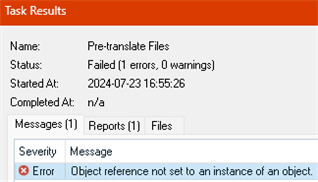 Task Results window in Trados Studio showing 'Pre-translate Files' task with status 'Failed' and an error message 'Object reference not set to an instance of an object.'