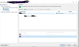 Screenshot of Trados Studio Project Settings showing the termbase enabled but the language mapping section grayed out.