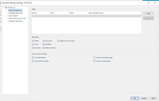Trados Studio Translation Memory Settings dialog box showing options for penalties, filters, and minimum match value.