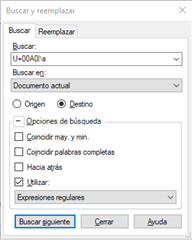 Trados Studio 'Buscar y reemplazar' dialog box showing a search for non-breaking or regular spaces using regular expressions.