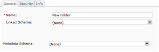 Screenshot of Tridion Sites Ideas interface showing a new folder creation form with fields for Name, Linked Schema, and Metadata Schema, all under tabs labeled General, Security, and Info.
