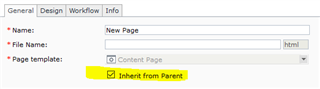 Tridion Sites Ideas interface showing a new page creation with fields for Name, File Name, and Page Template with an 'Inherit from Parent' checkbox selected.