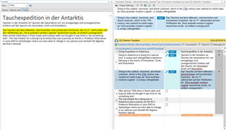 Screenshot of Trados Studio Ideas interface showing a document titled 'Tauchexpedition in der Antarktis' with translation segments and a preview pane.