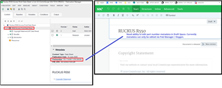 Screenshot of Tridion Docs interface with a focus on the metadata field showing part number 'RUCKUS R850' highlighted in red, indicating an error or required action.