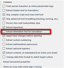 Trados Studio Ideas settings window with 'Extract Alternative Text for translation' option highlighted in red.