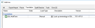 Screenshot of Passolo Add-ins tab showing only SDL MultiTerm add-in listed under Translation with state set to Manual and version 15.1.471.0.