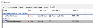 Screenshot of Passolo Add-ins tab with two errors: 'Text to File Parser' and 'PAINetAddInManager' both marked with red X, indicating issues with loading these add-ins, version 15.1.471.0.