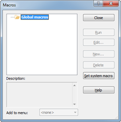 Screenshot of Trados Studio's Passolo Macro list window showing an empty list under 'Global macros' with options to run, close, edit, new, delete, set system macro, and help.