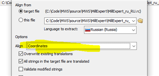 Trados Studio dialog showing Align from options with 'Coordinates' highlighted and 'Overwrite existing translations' checked.