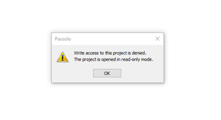 Error message in Passolo stating 'Write access to this project is denied. The project is opened in read-only mode.' with an OK button.