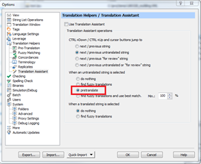 Trados Studio Options window with Translation Assistant settings. 'Pretranslate' option is selected for untranslated strings.