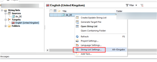 Trados Studio screenshot showing the context menu of the target file with 'String List Settings' highlighted.