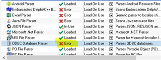 Screenshot of Trados Studio showing a list of parsers. The ODBC Database Parser is highlighted with a red 'Error' status, indicating an issue with this add-in.