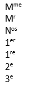 Screenshot of ordinal numbers and characters in French with exponents, including 'Mme', 'Mr', 'Nos', '1er', '1re', '2e', '3e'.