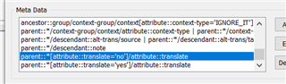 Screenshot of Trados Studio Meta Data panel showing XML rules with attributes for translation set to 'yes' and 'no'.