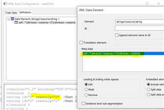 Screenshot of Trados Studio XML Rule Configuration panel with a highlighted section showing 'attribute: readonly=yes'.