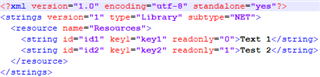 XML code snippet with 'readonly' attribute set to '0' for key1 and '1' for key2 within string elements.