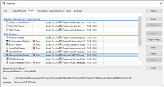 Passolo 2018 Add-ins window showing a list of file parsers. The Microsoft .NET Parser has an error symbol and the message 'Load on Use: Requested feature is not available'.