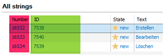 Screenshot of Trados Studio showing a table with columns for Number, ID, State, and Text. Rows display numbers 16532, 16533, 16534 with corresponding new IDs 7538, 7540, 7539 and state as 'new'.