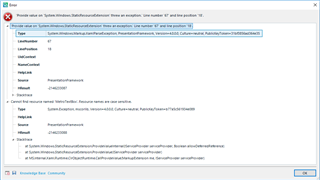 Error message window in Trados Studio showing 'An exception has occurred. See the exception log for more details.' with file paths and error codes.