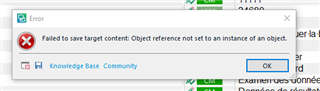 Error message in Trados Studio stating 'Failed to save target content: Object reference not set to an instance of an object.' with an OK button.