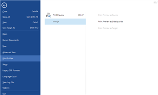 Trados Studio print preview menu with options 'Print Preview as Source', 'Print Preview as Side by side', and 'Print Preview as Target' visible.