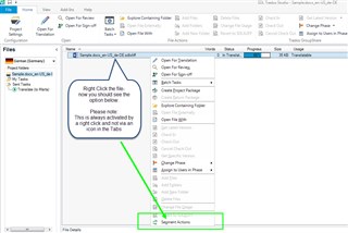 Trados Studio project view with a right-click context menu open, highlighting the 'Segment Actions' option at the bottom.