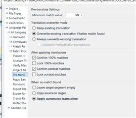 Trados Studio Project Settings window showing Pre-translate Settings with options for Translation memory and Automated translation checked.