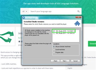 Trados Studio installation window showing available versions with 'SDL Studio 2015 - 12.3.4.1011' selected for installation.