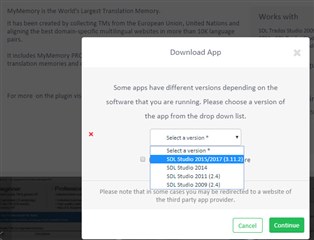MyMemory Download App window with an error message indicating to select a version from the dropdown list, highlighting SDL Studio 20152017 (3.1.12.32).