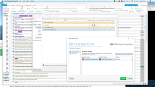 Screenshot of Trados Studio 2019 with multiple windows open, showing an error message in the SDL Language Cloud login window stating 'Sign-in failed. Check your email and password and try again.'
