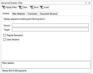 Screenshot of Trados Studio's Advanced Display Filter window with options to apply filter, clear, save, and load. No filters are currently applied to the content.