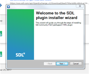 SDL plugin installer wizard welcome screen with 'Next' and 'Cancel' buttons.