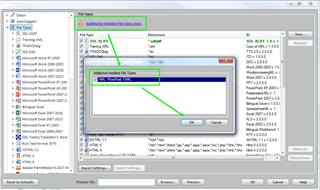 Trados Studio FILE-OPTIONS-FILE TYPES menu with 'Additional Installed File Types' window showing TXML listed.