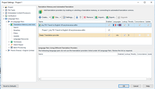 Screenshot of SDL Trados Studio 2017 project settings showing Deepl API key entered and selected for use in translation.