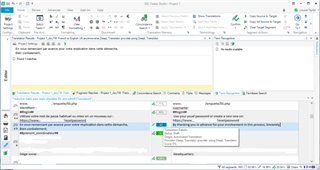 Screenshot of SDL Trados Studio 2017 translation results comparing source text in French with two different English translations, one from SDL using Deepl and one from Deepl online app.