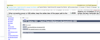 Trados Studio error message displaying 'HTTP Status 404 - iate2SearchByQuery.do;jsessionid=999' indicating a failed web lookup.