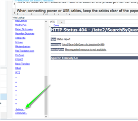 Trados Studio settings menu with a green arrow pointing to the 'Web Lookup' option, suggesting a step to resolve the error.