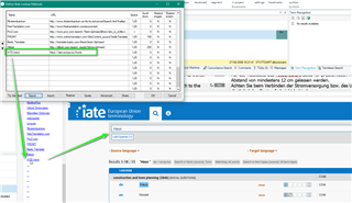 Trados Studio Web Lookup settings window with a new entry for 'https:iate.europa.euhome' added, showing a successful connection to the IATE website.