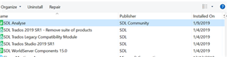 Screenshot of Trados Studio uninstallation window with SDL Analyse listed for removal.