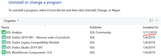 Screenshot of Trados Studio listed in the uninstall or change a program window after reinstallation.