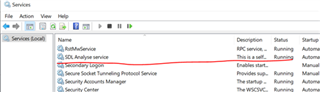 Screenshot of Services window with SDL Analyse service running.