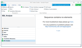 Screenshot of Trados Studio with an error message 'Sequence contains no elements'.