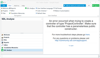 Screenshot of Trados Studio displaying an error message after pressing 'Try again'.